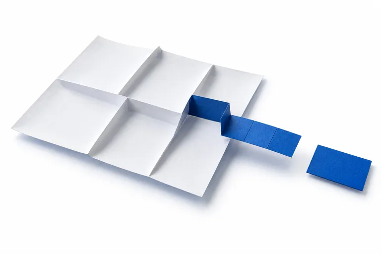 A white sheet folded into panels, with a blue paper path ending before a separate card.