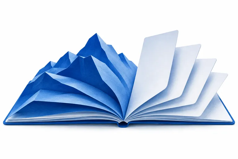 Un taccuino bianco aperto, con pagine piegate in una cresta di carta blu.